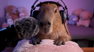 A capybara in ASMR setup wears headphones, strokes a pillow, whispers relaxingly.